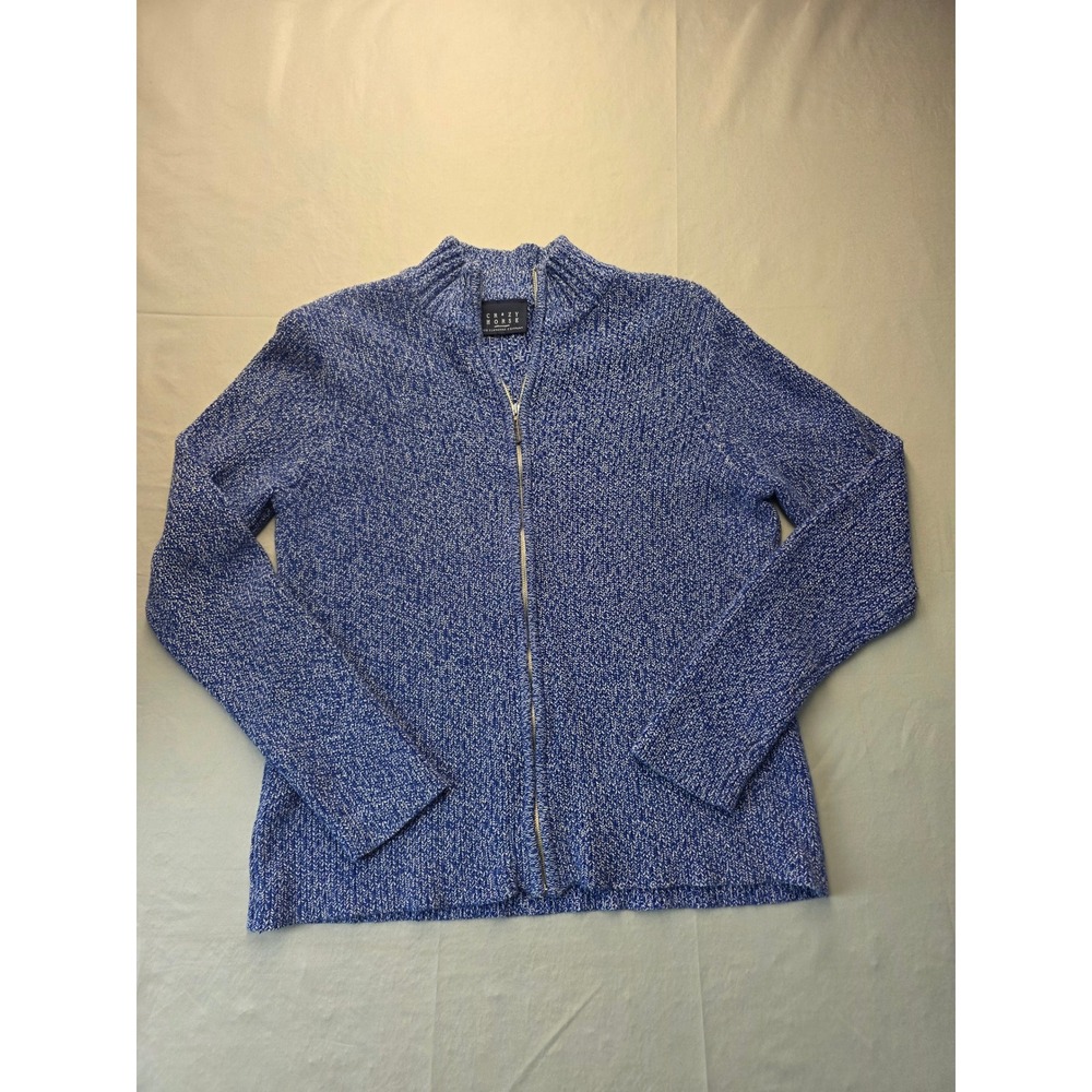 Crazy Horse Liz Claiborne Blue White Marled Full Zip Cotton Cardigan Sweater M